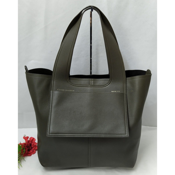 Victoria Beckham Apron Tote Olive Green Leather Double Handle Large Zipper Bag - Picture 1 of 16